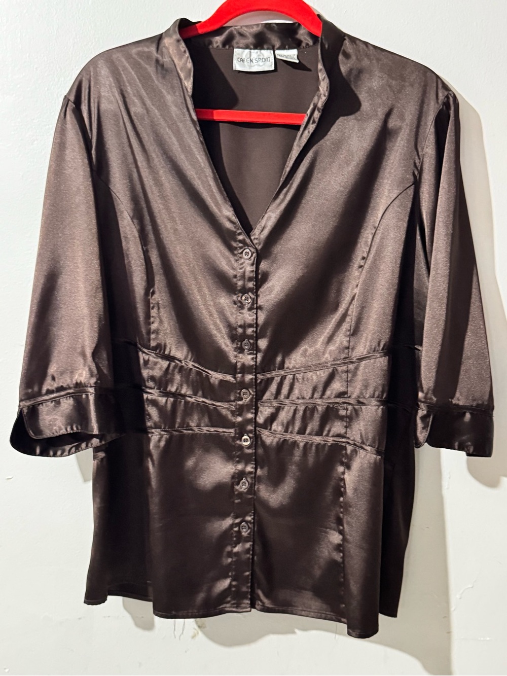 Caren Sport Brown Satin Look Sheer Button-Front Sleep Top Workwear Casual Chic